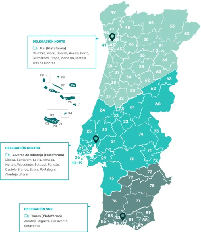 Mapa de delegaciones de URUCAT en Portugal